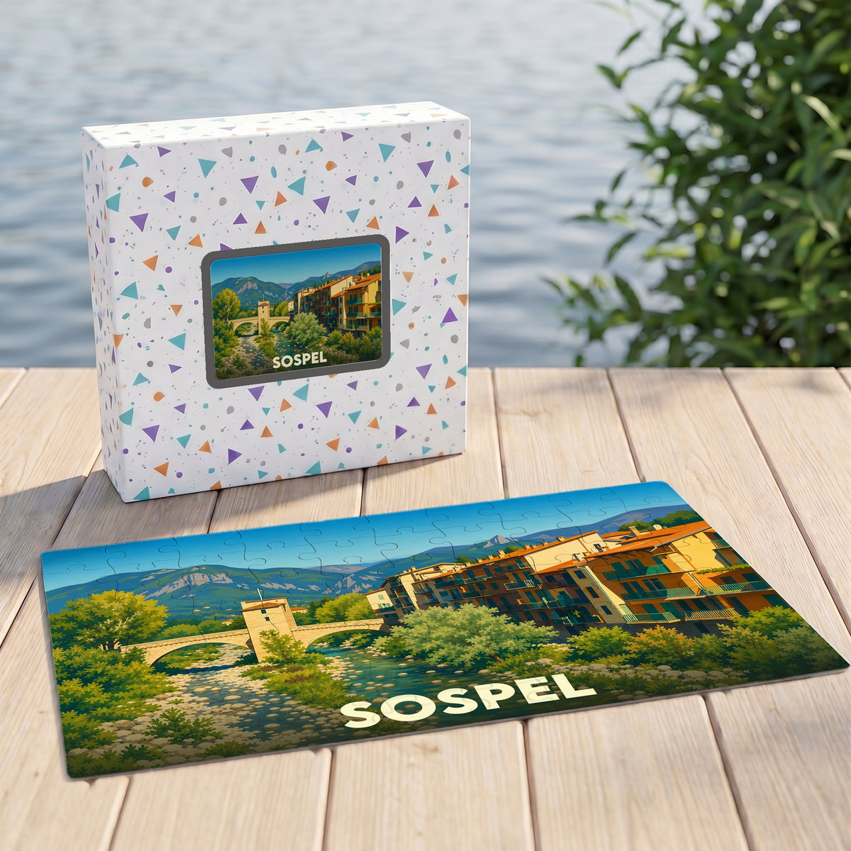 Puzzle souvenir de la ville de Sospel avec une illustration stylisée de son pont médiéval et de ses maisons colorées.
