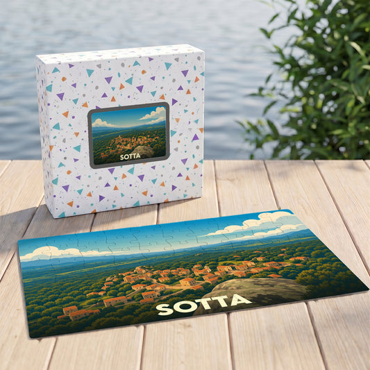 Puzzle souvenir de la ville de Sotta avec une illustration stylisée d'un paysage corse.