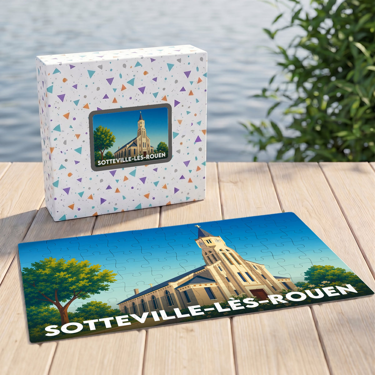 Puzzle souvenir de la ville de Sotteville-lès-Rouen avec une illustration stylisée de son église.