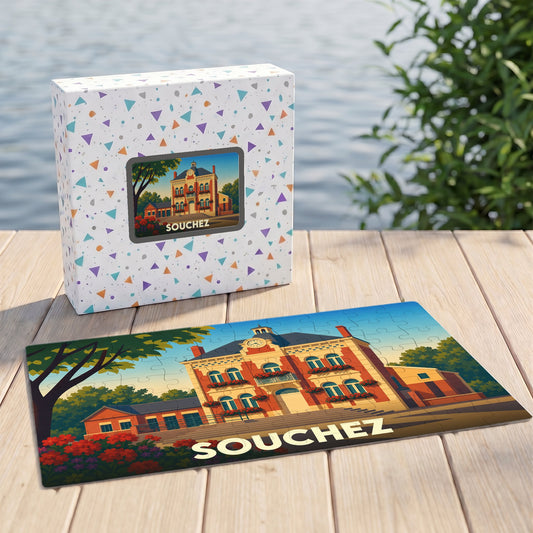Puzzle souvenir de la ville de Souchez avec une illustration stylisée d'un bâtiment historique.