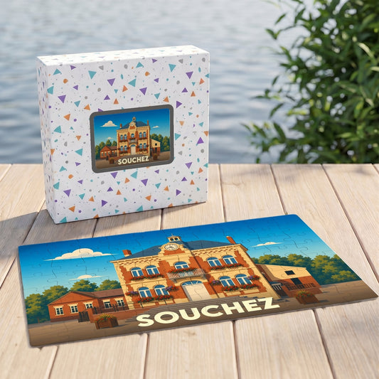 Puzzle souvenir de la ville de Souchez avec une illustration stylisée de sa mairie.
