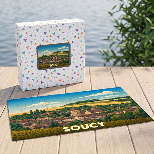 Puzzle souvenir de la ville de Soucy illustré d'un paysage champêtre.
