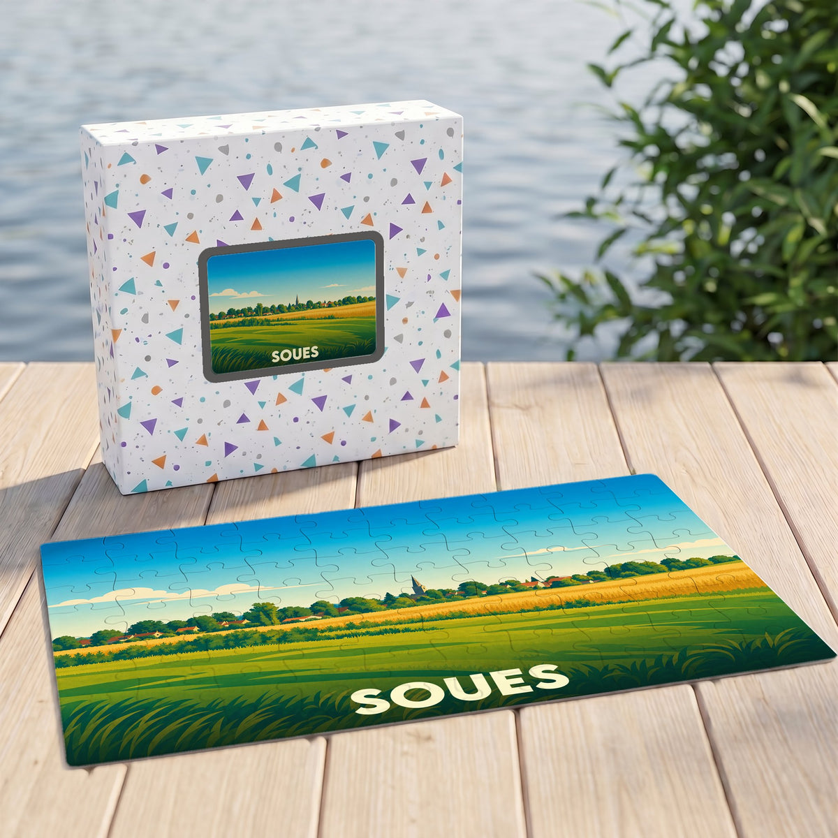 Puzzle souvenir de la ville de Soues avec une illustration de paysage champêtre.