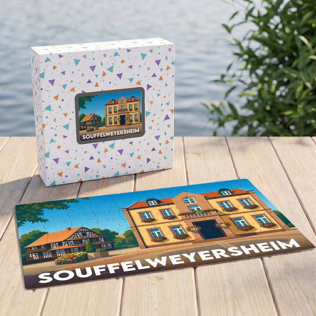 Puzzle souvenir de la ville de Souffelweyersheim avec une illustration stylisée.