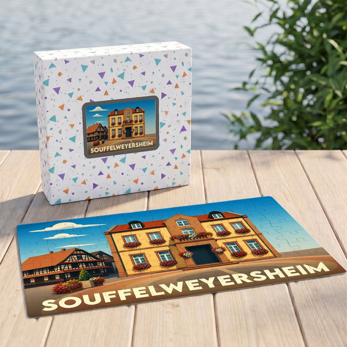 Puzzle souvenir de la ville de Souffelweyersheim avec une illustration stylisée et colorée de son architecture.