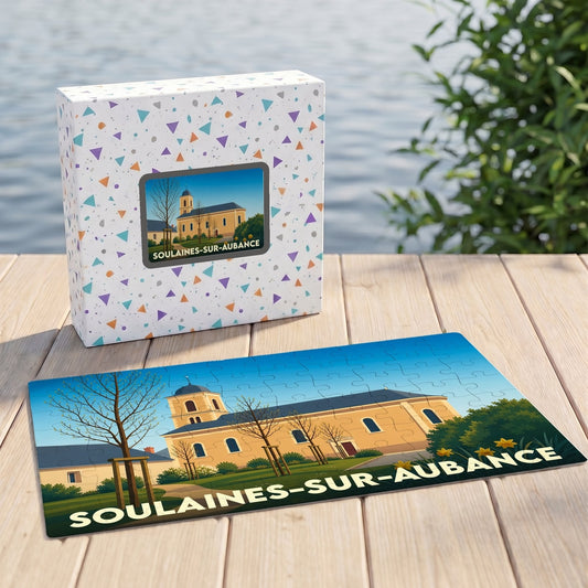 Puzzle souvenir de la ville de Soulaines-sur-Aubance avec une illustration stylisée d'une église locale.