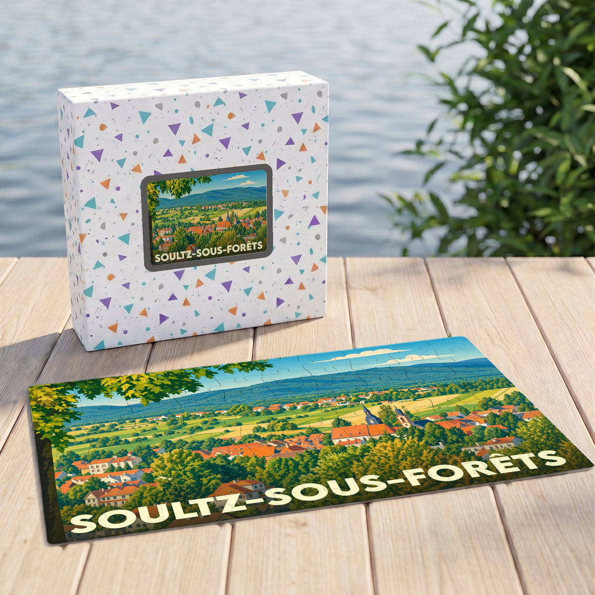 Puzzle souvenir de la ville de Soultz-sous-Forêts avec une illustration paysagère stylisée.