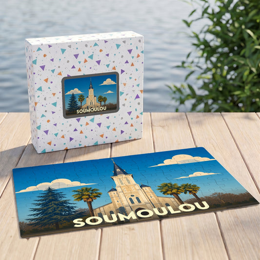 Puzzle souvenir de la ville de Soumoulou avec une illustration stylisée.