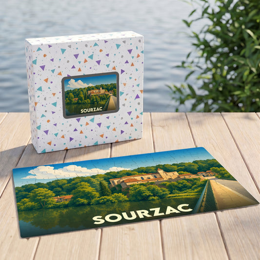 Puzzle souvenir de la ville de Sourzac avec une illustration stylisée de son église et de son pont.