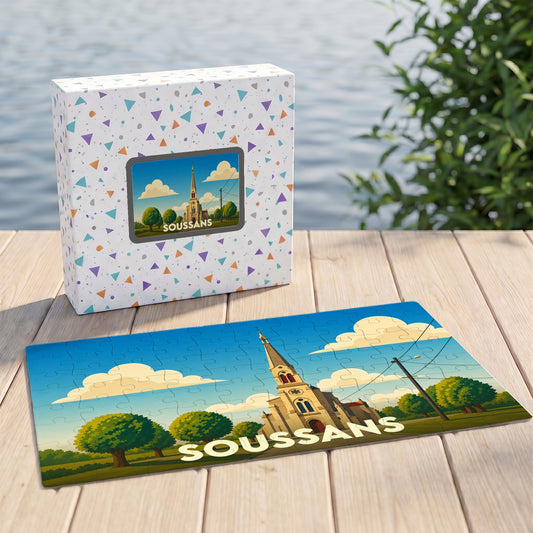 Puzzle souvenir de la ville de Soussans représentant son église dans un style illustré.
