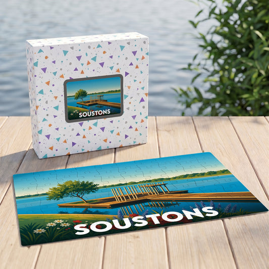Puzzle souvenir de la ville de Soustons illustrant un ponton sur le lac au coucher du soleil.