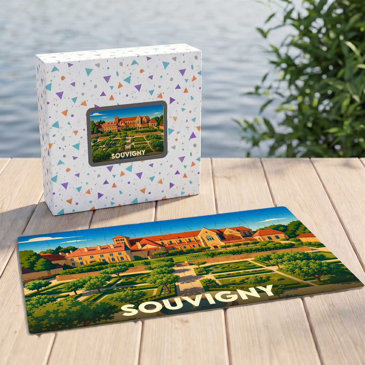 Puzzle souvenir de la ville de Souvigny avec une illustration stylisée de son prieuré et de ses jardins.