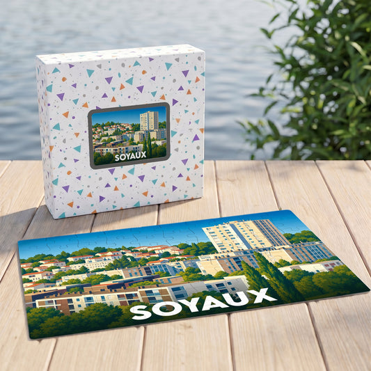 Puzzle souvenir de la ville de Soyaux avec une illustration panoramique stylisée.