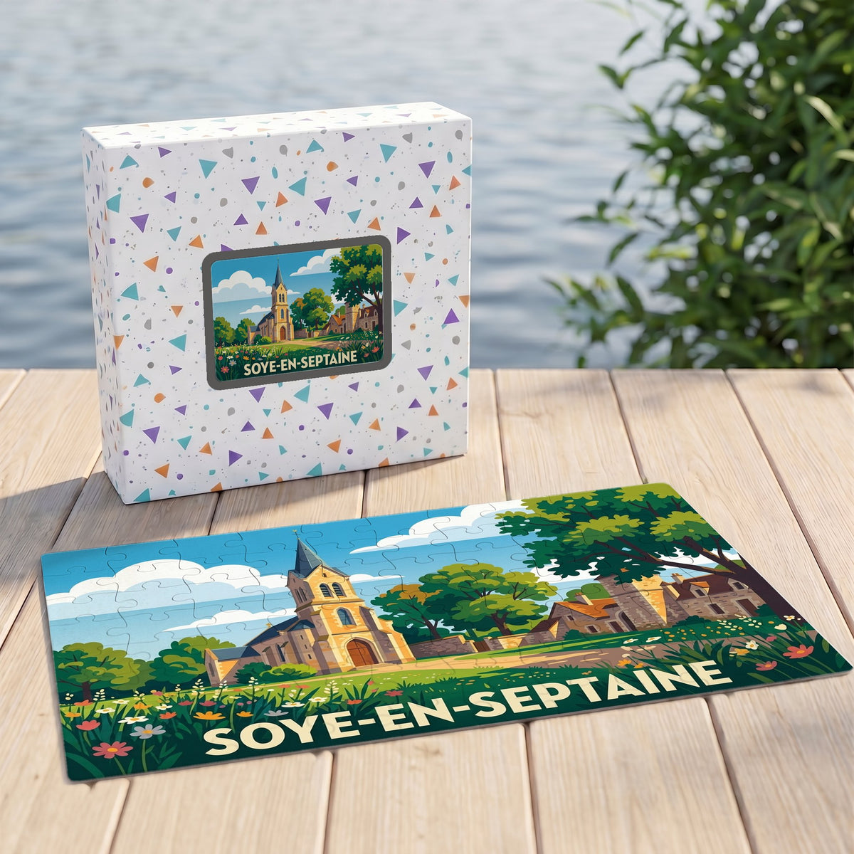 Puzzle souvenir de la ville de Soye-en-Septaine avec une illustration stylisée.