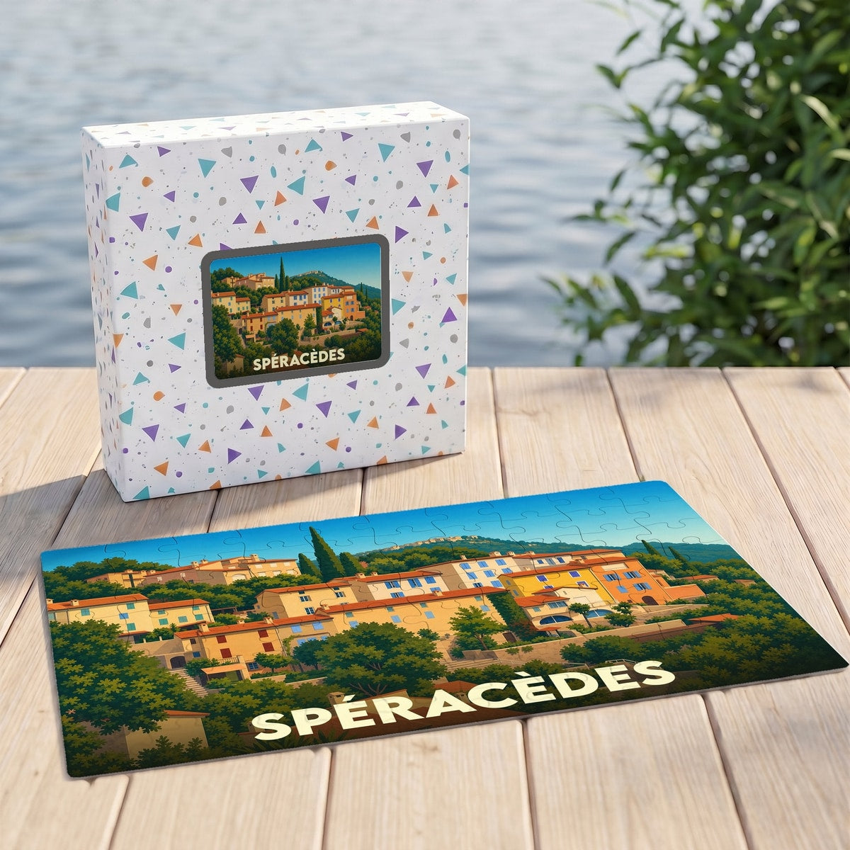 Puzzle souvenir de la ville de Spéracèdes avec une illustration stylisée d'un village provençal.
