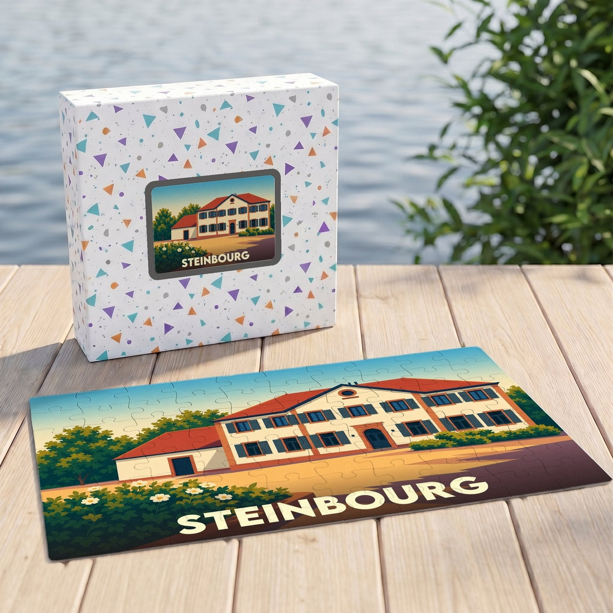 Puzzle souvenir de la ville de Steinbourg avec une illustration stylisée et sa boîte assortie.