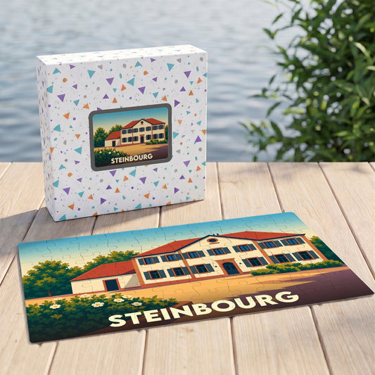 Puzzle souvenir de la ville de Steinbourg avec une illustration stylisée et sa boîte assortie.