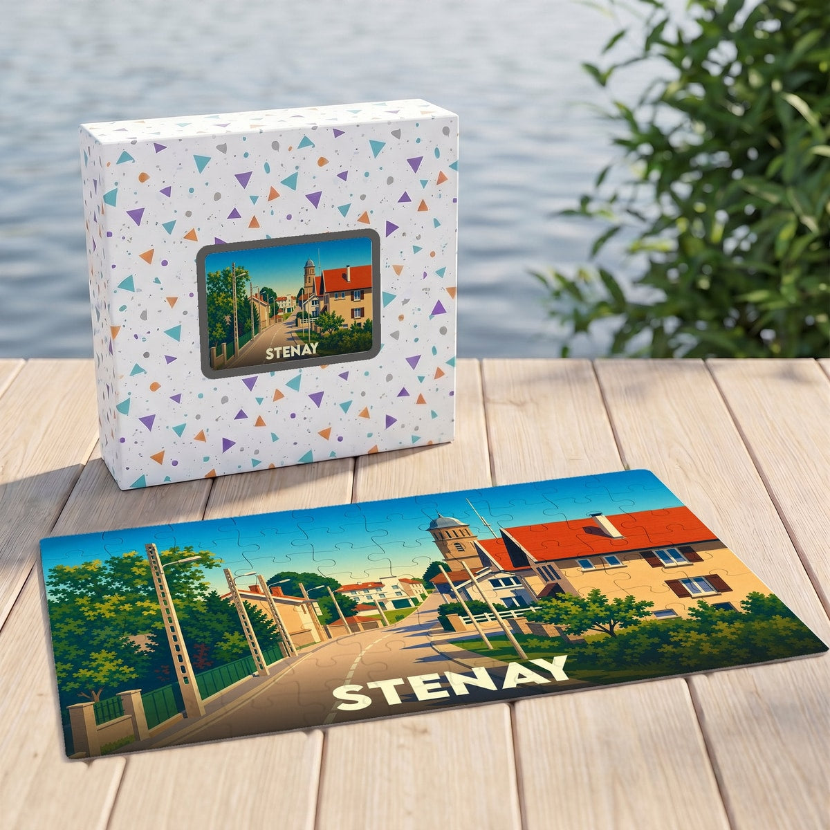 Puzzle souvenir de la ville de Stenay illustré par un paysage urbain stylisé et coloré.