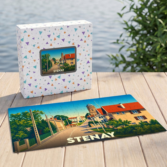 Puzzle souvenir de la ville de Stenay illustré par un paysage urbain stylisé et coloré.