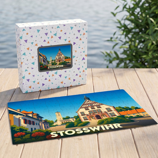 Puzzle souvenir de la ville de Stosswihr présentant une illustration stylisée d'un bâtiment traditionnel alsacien.