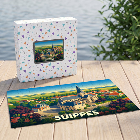 Puzzle souvenir de la ville de Suippes avec une illustration stylisée.
