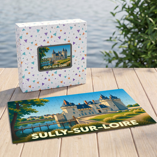 Puzzle souvenir de la ville de Sully-sur-Loire avec une illustration stylisée du château et de son pont.