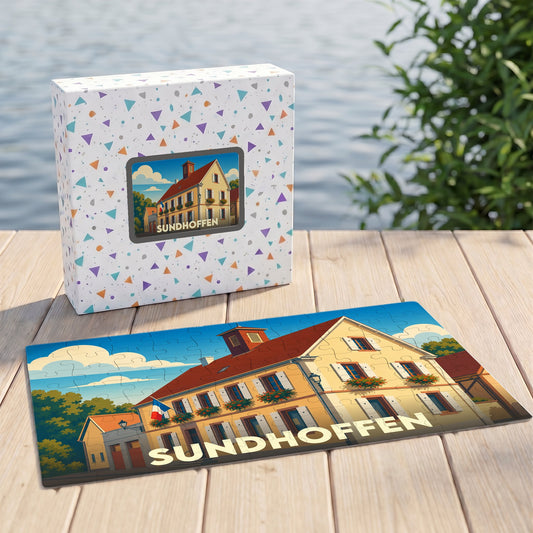 Puzzle souvenir de la ville de Sundhoffen avec une illustration stylisée d'un bâtiment traditionnel alsacien.