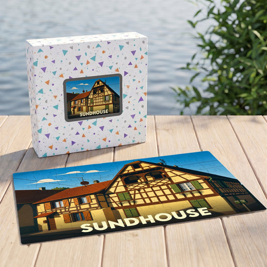 Puzzle souvenir de la ville de Sundhouse illustré d'une maison traditionnelle à colombages.