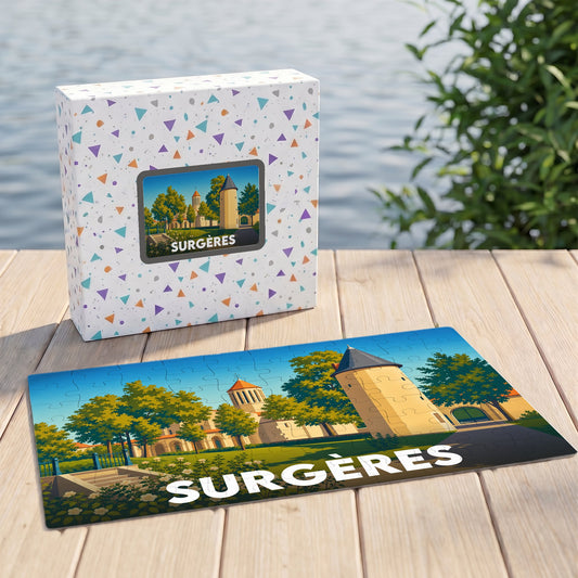 Puzzle souvenir de la ville de Surgères avec une illustration stylisée de son patrimoine architectural.