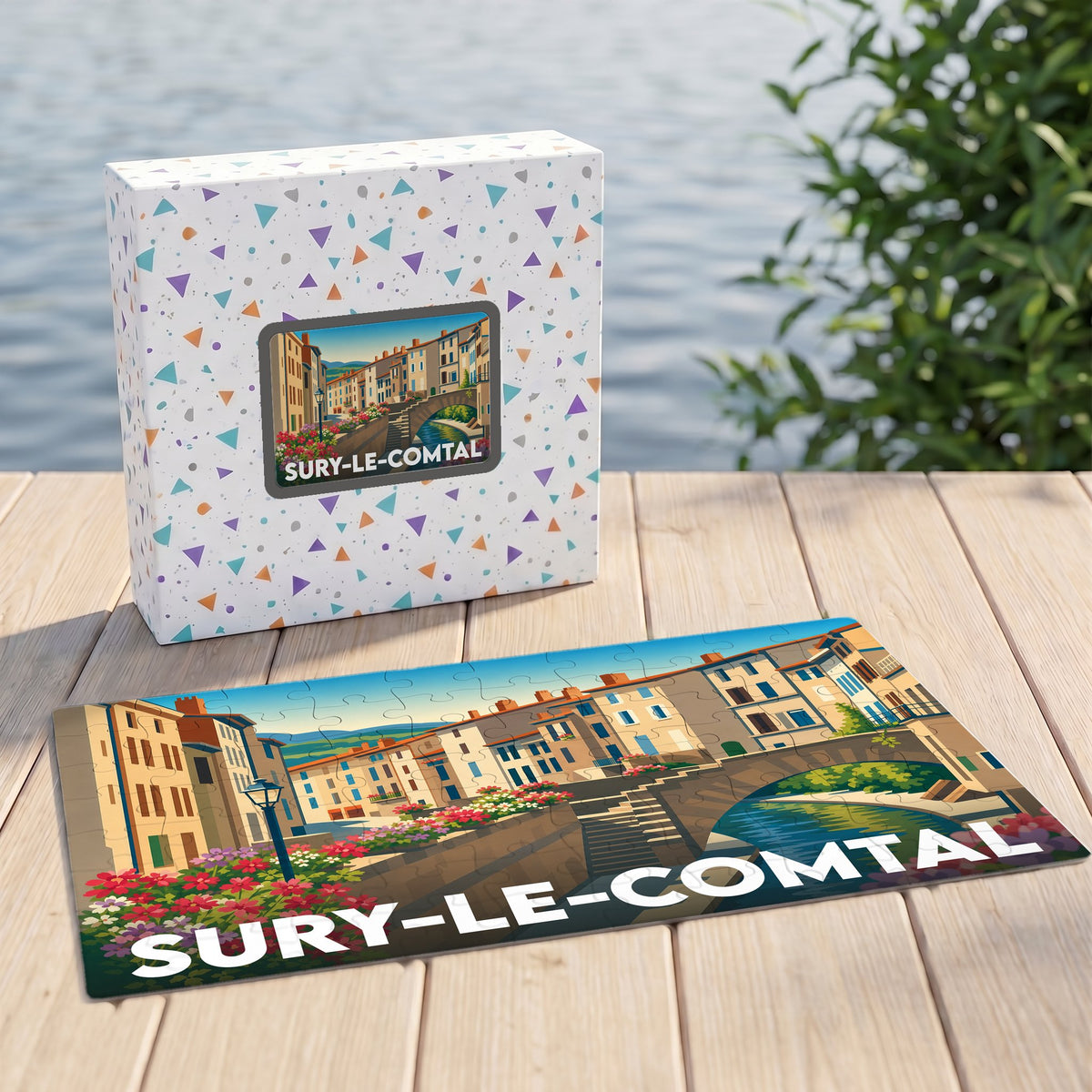 Puzzle souvenir de la ville de Sury-le-Comtal avec une illustration stylisée d'un paysage urbain fleuri.