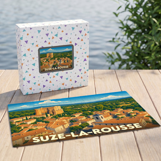 Puzzle souvenir de la ville de Suze-la-Rousse avec une illustration stylisée du village et de son château.
