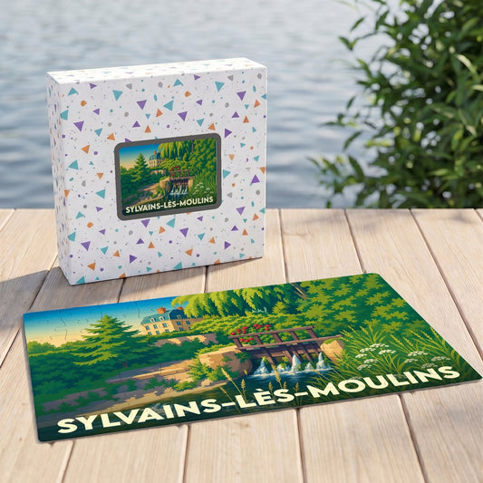 Puzzle souvenir de la ville de Sylvains-Lès-Moulins avec une illustration stylisée d'un paysage verdoyant.