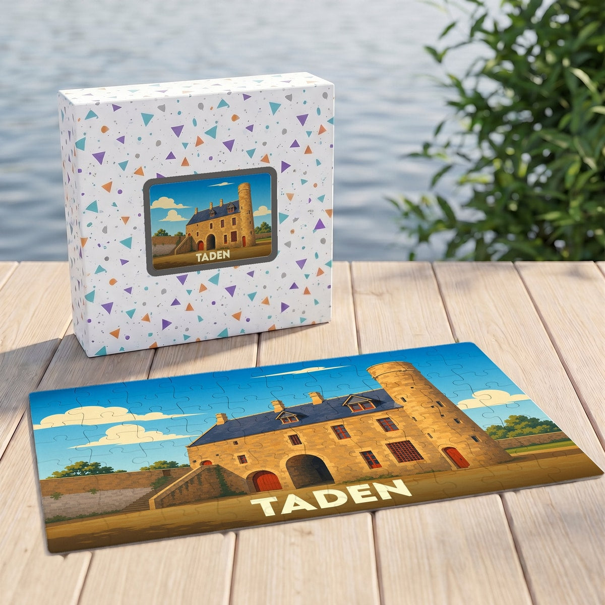 Puzzle souvenir de la ville de Taden avec une illustration stylisée d'un bâtiment historique.