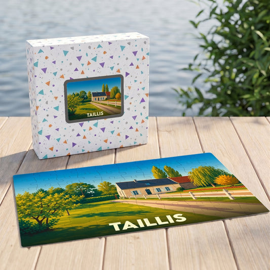 Puzzle souvenir de la ville de Taillis représentant une maison de campagne illustrée dans un paysage verdoyant.