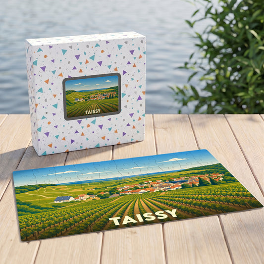Puzzle souvenir de la ville de Taissy avec une illustration stylisée de ses vignobles.
