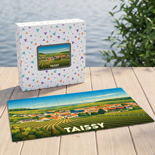 Puzzle souvenir de la ville de Taissy avec une illustration stylisée d'un paysage de vignobles.
