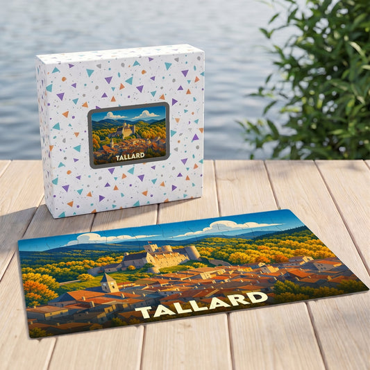 Puzzle souvenir de la ville de Tallard représentant un paysage illustré avec son château et ses toits rouges.