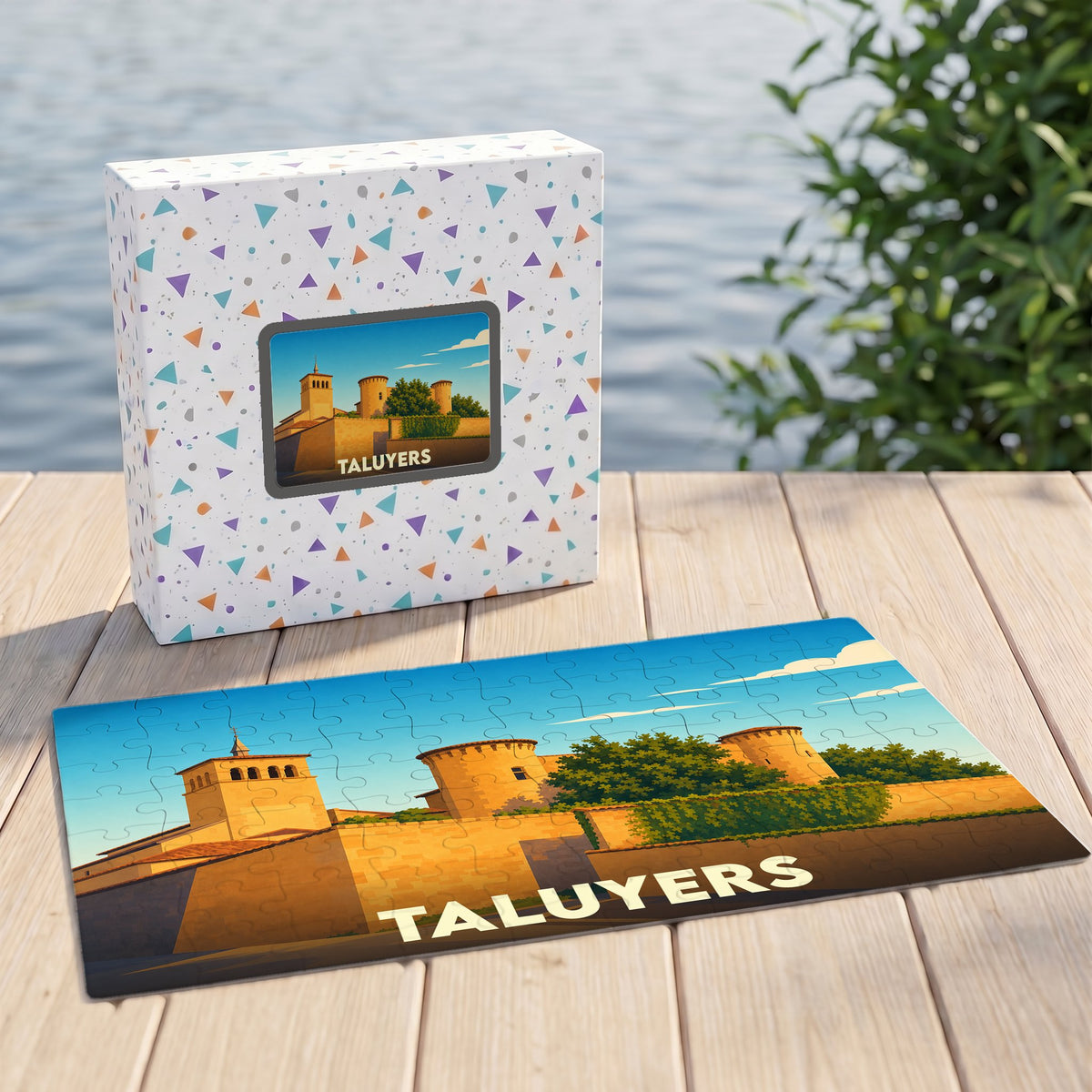 Puzzle souvenir de la ville de Taluyers avec une illustration stylisée.