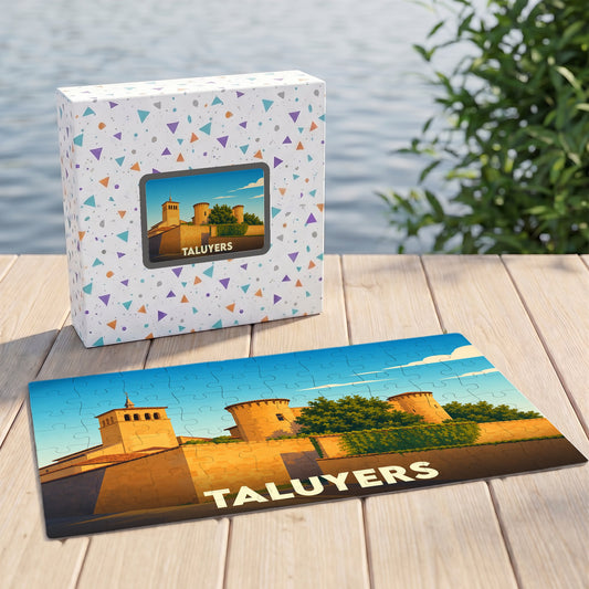 Puzzle souvenir de la ville de Taluyers avec une illustration stylisée.