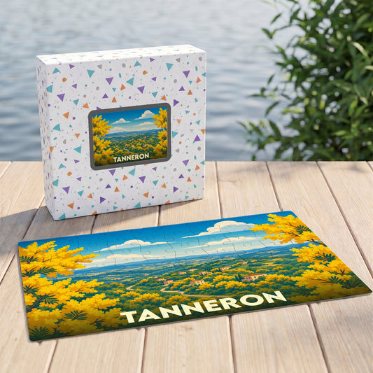 Puzzle souvenir de la ville de Tanneron représentant un paysage de mimosas en fleurs.