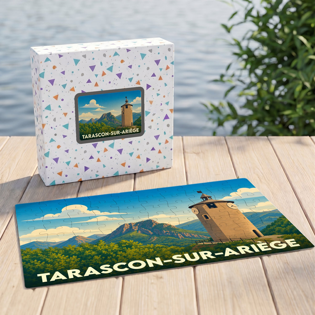 Puzzle souvenir de la ville de Tarascon-sur-Ariège avec une illustration stylisée de sa tour panoramique.