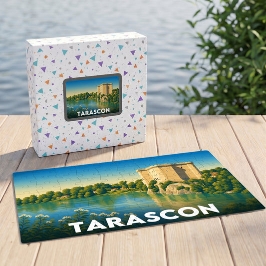 Puzzle souvenir de la ville de Tarascon avec une illustration stylisée de son château au bord de l'eau.