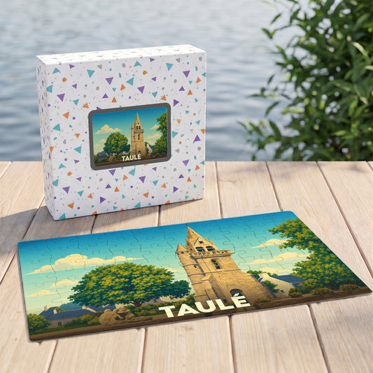 Puzzle souvenir de la ville de Taulé avec une illustration stylisée de son église.