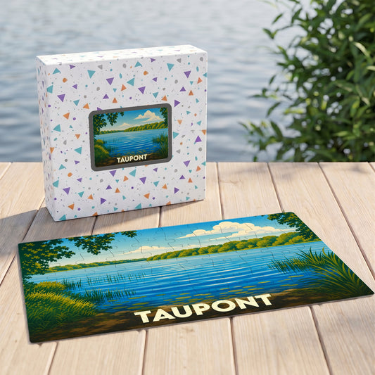 Puzzle souvenir de la ville de Taupont avec une illustration de paysage lacustre.