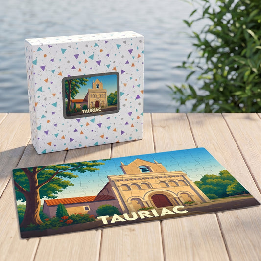 Puzzle souvenir de la ville de Tauriac avec une illustration stylisée de son église.