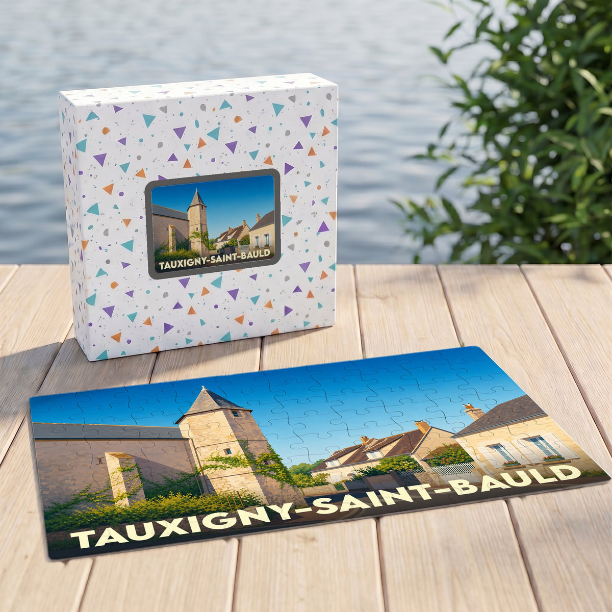 Puzzle souvenir de la ville de Tauxigny-Saint-Bauld avec une illustration stylisée de son architecture.