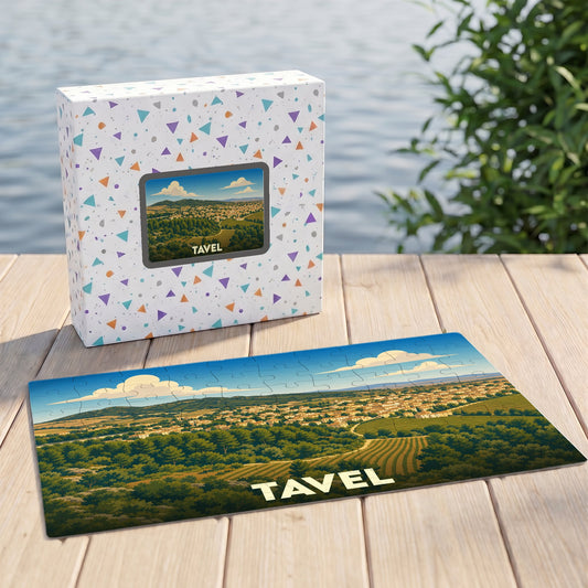 Puzzle souvenir de la ville de Tavel avec une illustration paysagère stylisée.