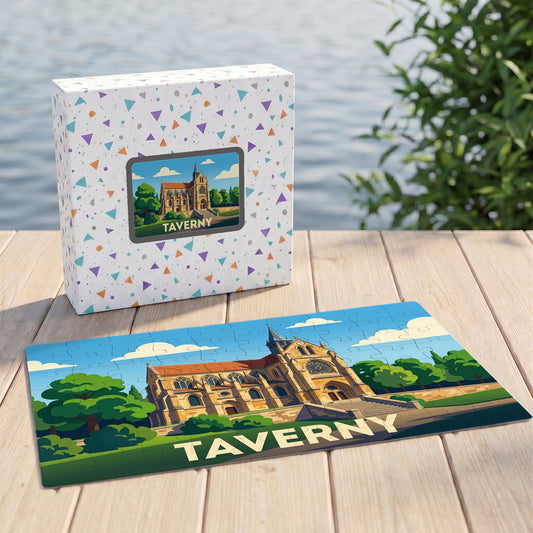 Puzzle souvenir de la ville de Taverny avec une illustration stylisée de son église.