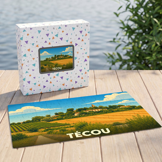 Puzzle souvenir de la ville de Técou représentant un paysage de campagne ensoleillé avec son nom inscrit en lettres capitales.