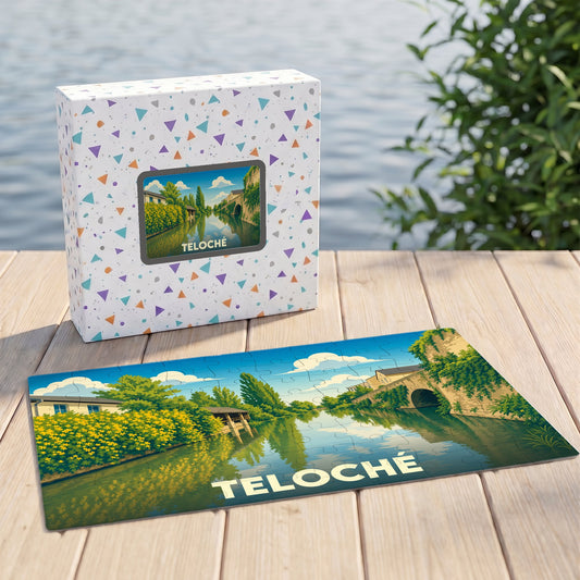 Puzzle souvenir de la ville de Teloché avec une illustration stylisée d'un paysage de rivière.